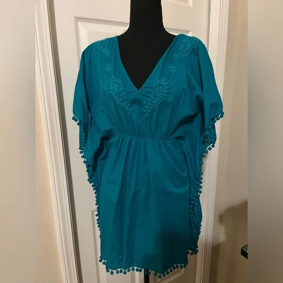 Old Navy Medium Swimsuit Coverup Teal blue green cotton pom poms bathing suit - Picture 1 of 6